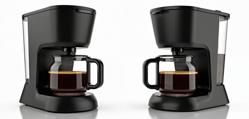 Collection of drip coffee machines isolated on transparent background. Hot drink maker appliance with modern tech, kitchen equipment, automatic design. Set of black coffee brewers with clean details.