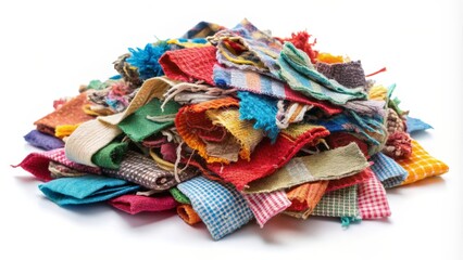 Pile of Colorful Fabric Scraps on White Background