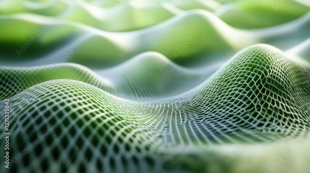 Poster abstract light green grid waves on dark background. technology concept. 3d rendering
