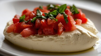 Creamy cheese with diced tomatoes and basil, close-up, white plate, kitchen background, food blog