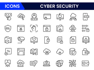Cyber security icon set with information, technology, data network, malware, virus, unauthorized access and protected.