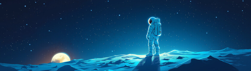Astronaut drifting in space during a moonlit night, with the Earth visible in the distance. Soft moonlight casts long shadows on the astronaut's suit, with distant constellations in the background