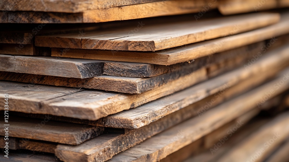 Aufkleber Neatly arranged wooden planks stacked in a rustic setting capturing the essence of timber structure : Generative AI