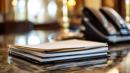 A professional office scene featuring neatly stacked documents on a glossy table beside vintage telephones : Generative AI
