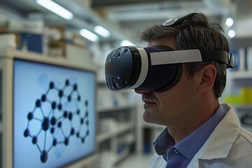 Scientist Using VR Headset in Lab Analyzing Molecular Structure on Screen, facilitating advanced research and development in a modern biotechnology environment.