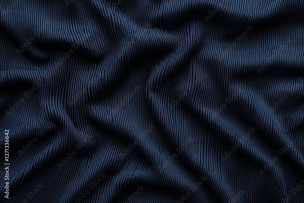 Poster close-up of a textured, dark blue fabric with subtle stripes and soft folds, creating a visually app