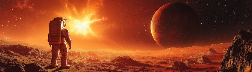 Dramatic space landscape showing an astronaut exploring the surface of a red and orange hued planet with a distant supernova explosion lighting up the sky