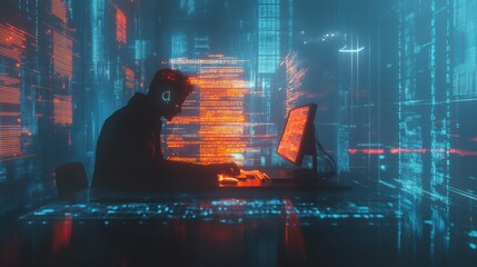 Hacker at desktop using computer with creative glowing coding big data interface on dark interior background. Technology and futuristic network. Double exposure