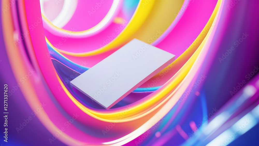 Poster bright colors and smooth lines create an abstract composition with a card floating in vibrant spiral