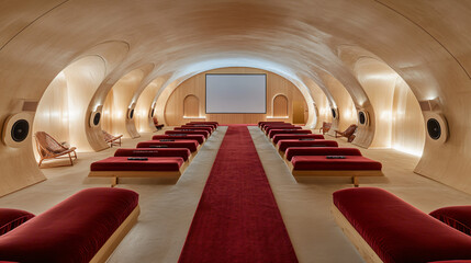 Obraz premium A modern cinema hall with plush red velvet seats, a large screen, long carpet, light wood panel walls with built-in speakers, offering a perfect cinematic viewing experience.
