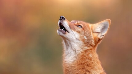 Fototapeta premium Fox looking up in autumnal forest. Possible use Nature photography, wildlife stock