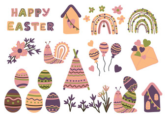 Happy Easter in lilac and pink colors set