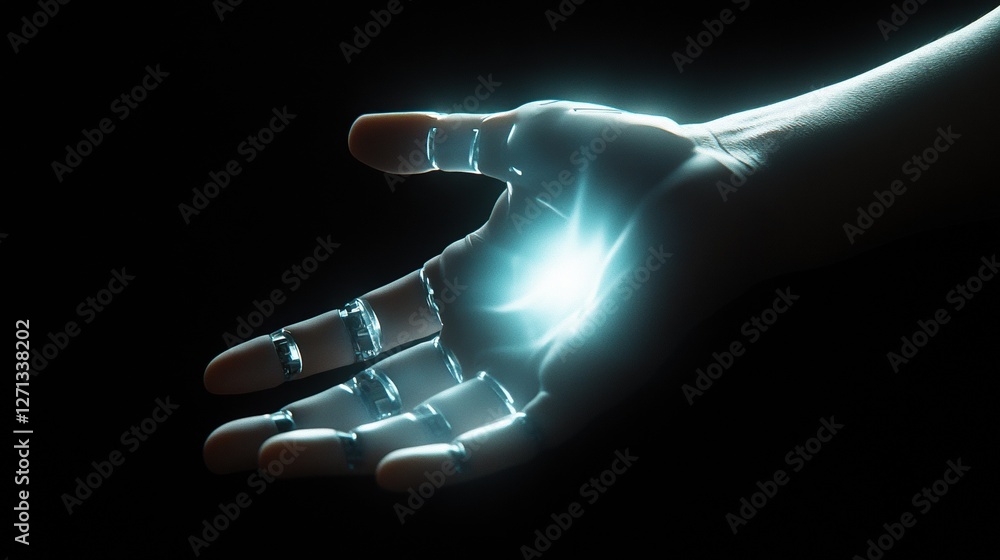 Poster artificial intelligence, future technology and business concept - robot and human hand with flash li