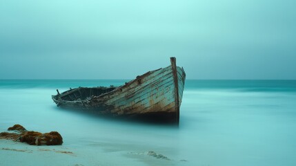 Naklejka premium An ancient shipwreck rests in tranquil waters, telling tales of voyages past amidst the vast, endless ocean horizon.