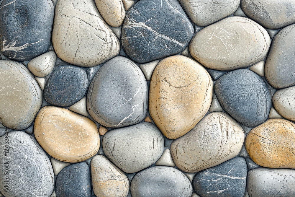Poster a digitally rendered seamless pattern of smooth, rounded beach stones in varying shades of gray and 
