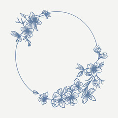 Botanical blue wedding frame or wreath on white background. Hand drawn floral, flower, leaf branch in toile de jouy style. Line art for wedding, monogram, invitation, greeting, logo, birthday cards