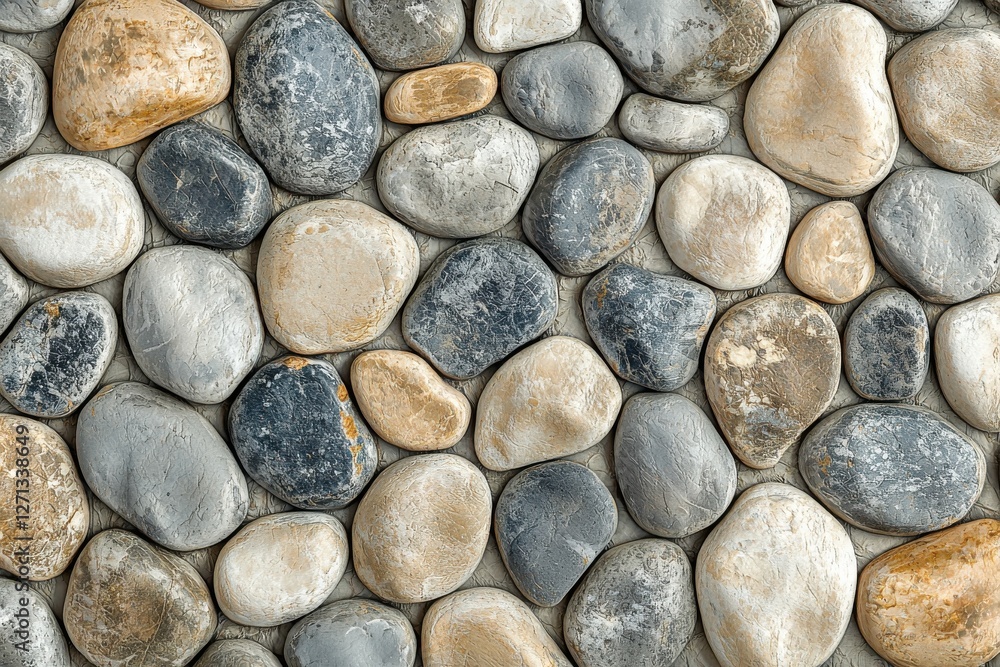 Poster close-up of a diverse collection of smooth, round pebbles in varied natural tones creating a texture