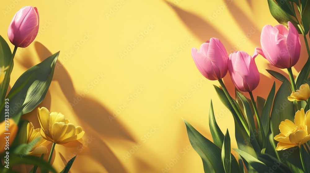 Poster vibrant tulips and playful yellow peonies lean toward the soft glow of a warm yellow backdrop, casti