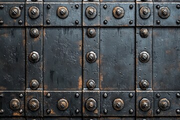Close-up of an old medieval iron door with rivets and bolts, exhibiting historical texture, great for gothic architecture and vintage design backgrounds.