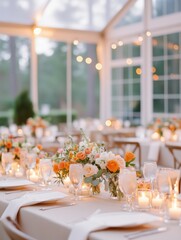 Tables adorned with floral arrangements and candles create a romantic atmosphere for a wedding reception