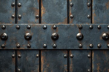 Fototapeta premium Aged metal door with rivets and bolts, showcasing the texture and design elements, perfect for industrial, vintage and historical backgrounds and graphic designs.