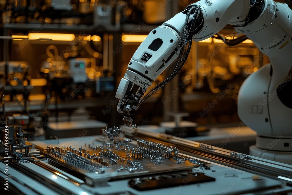 Poster a robotic arm meticulously placing components on a circuit board in a high-tech manufacturing enviro