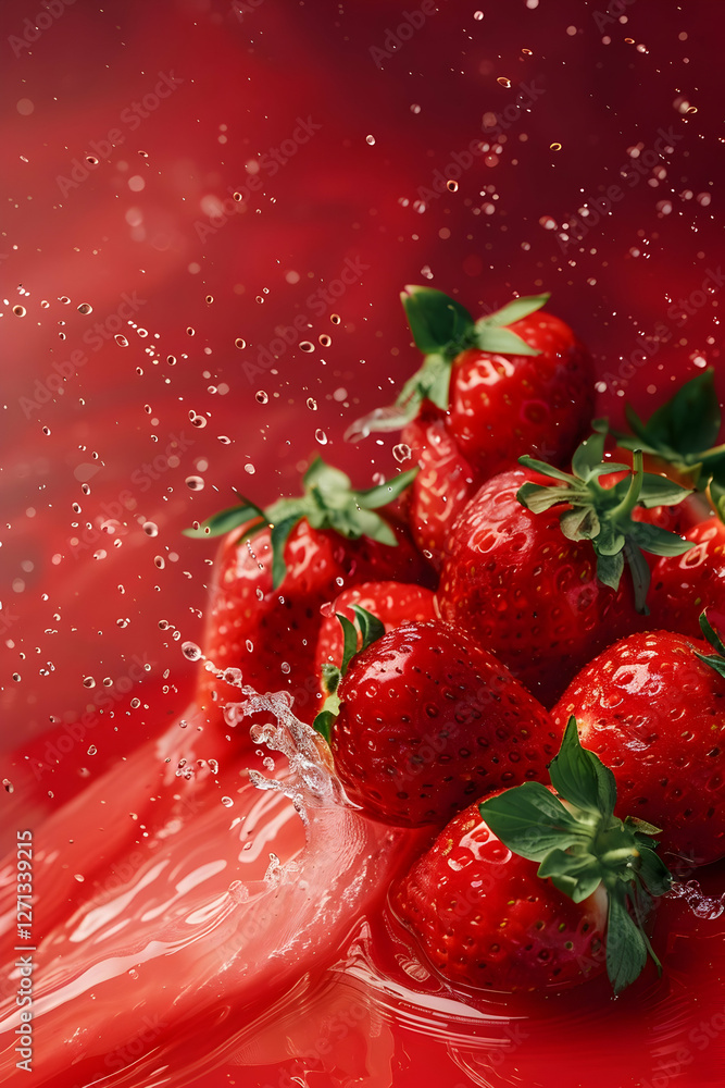 Poster fresh strawberries splashing into vibrant red liquid, creating a dynamic and appetizing scene