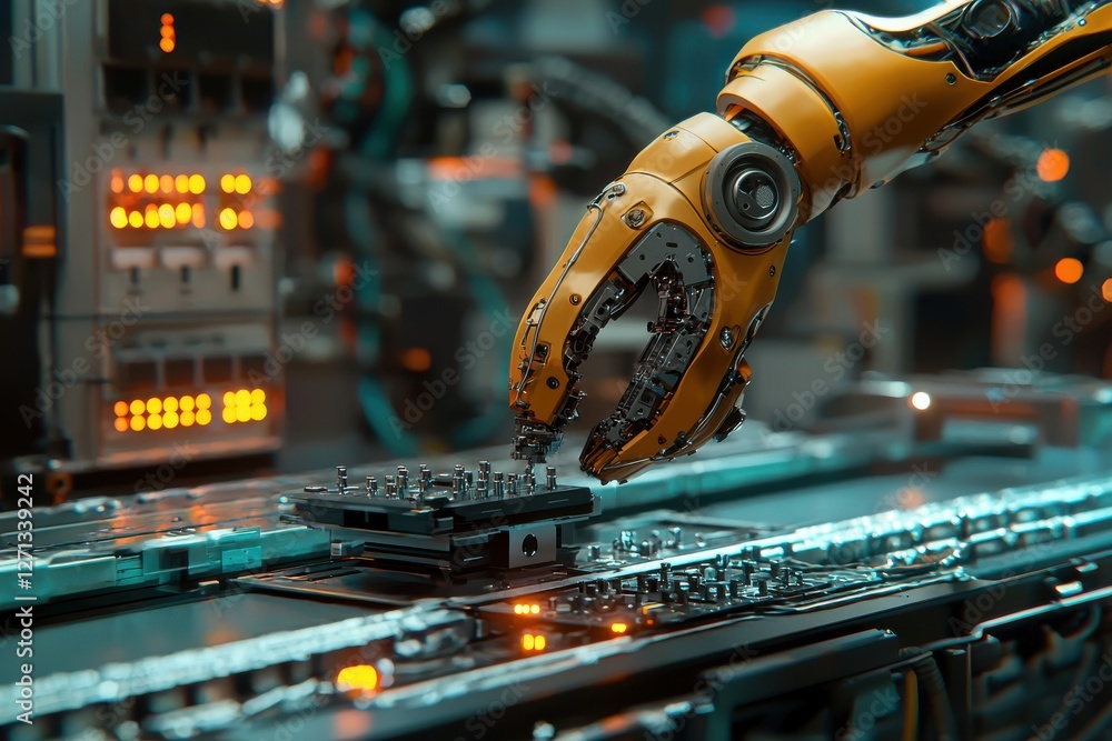 Poster a robotic arm precisely assembling microchips in a high-tech manufacturing environment, showcasing a
