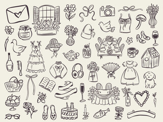 Set of whimsical hand-drawn cottage core, food and drink illustartion in trendy vintage style. Perfect for quirky wedding holiday, dinner and bar menu, bachelorette party, birthday invitation, sign