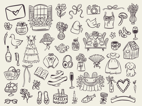 Set of whimsical hand-drawn cottage core, food and drink illustartion in trendy vintage style. Perfect for quirky wedding holiday, dinner and bar menu, bachelorette party, birthday invitation, sign