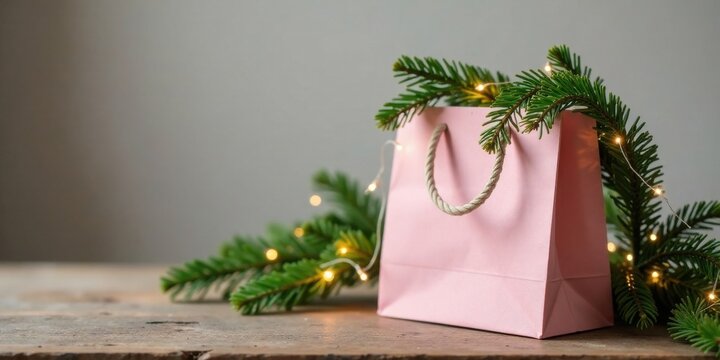 A Pink Gift Bag Adorned with Festive Evergreen Branches and Warm String Lights on a Rustic Wooden Surface