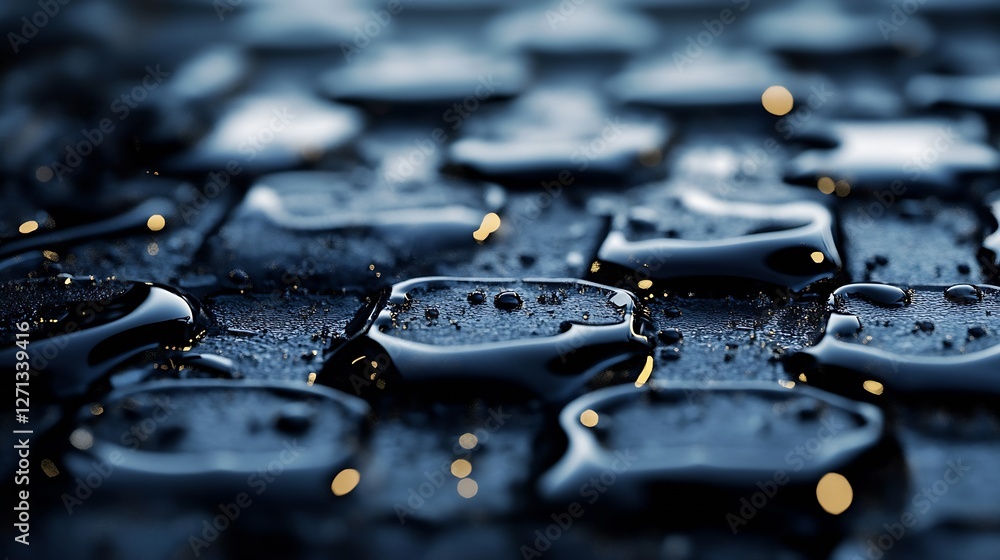 Poster closeup view of water droplets on a textured surface with a glossy finish : generative ai