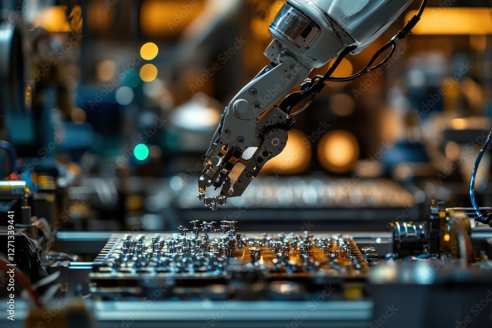 Poster automated robotic arm precisely assembling electronic components on a circuit board in a high-tech m