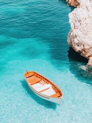 A wooden boat rests on vibrant turquoise water beside a rocky coastline