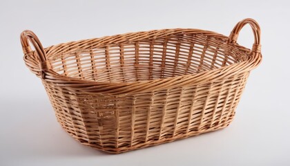 Fototapeta premium A simple, empty wicker basket with two handles, showcasing a natural design ideal for home decor, picnics, or storage solutions.