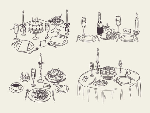 Set of whimsical hand-drawn dinner party setup with multiple tables and exquisite dishes in trendy vintage style. Perfect for quirky wedding holiday, dinner and bar menu, bachelorette party, birthday 