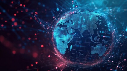 Obraz premium Blockchain technology futuristic hud background with world globe and blockchain polygon peer to peer network. Global cryptocurrency fintech business and finance banner concept. Low poly design.