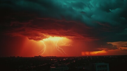 A dramatic storm illuminates the sky with vibrant lightning, casting fiery hues over a cityscape, evoking awe and energy.