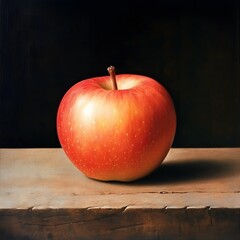 A ripe Gala apple, placed on a rustic wooden surface with a soft light highlighting its smooth surface.