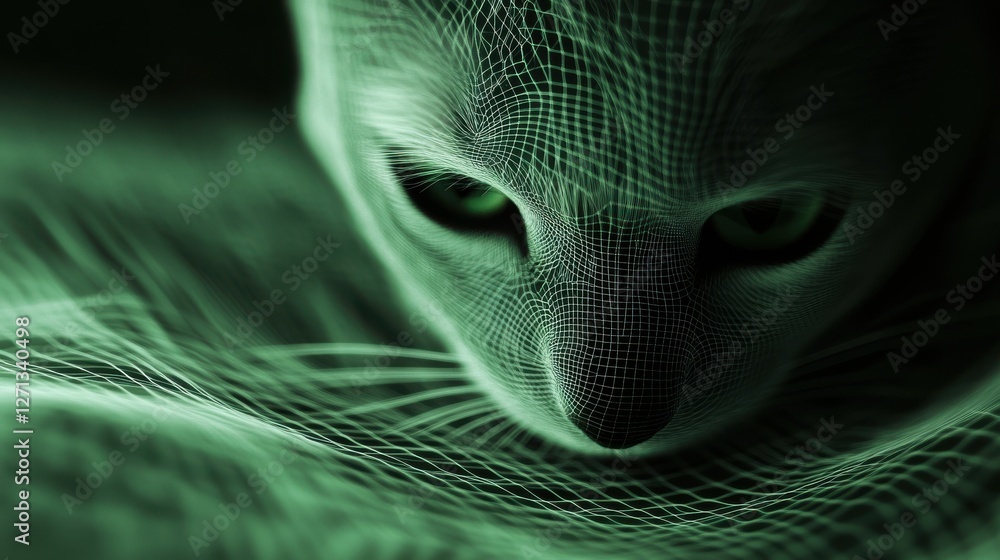 Poster abstract light green grid waves on dark background. technology concept. 3d rendering
