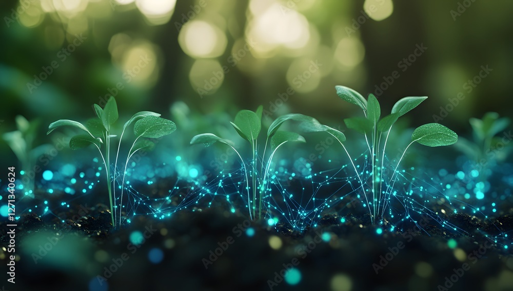 Aufkleber digital seedlings growing in forest soil with network overlay