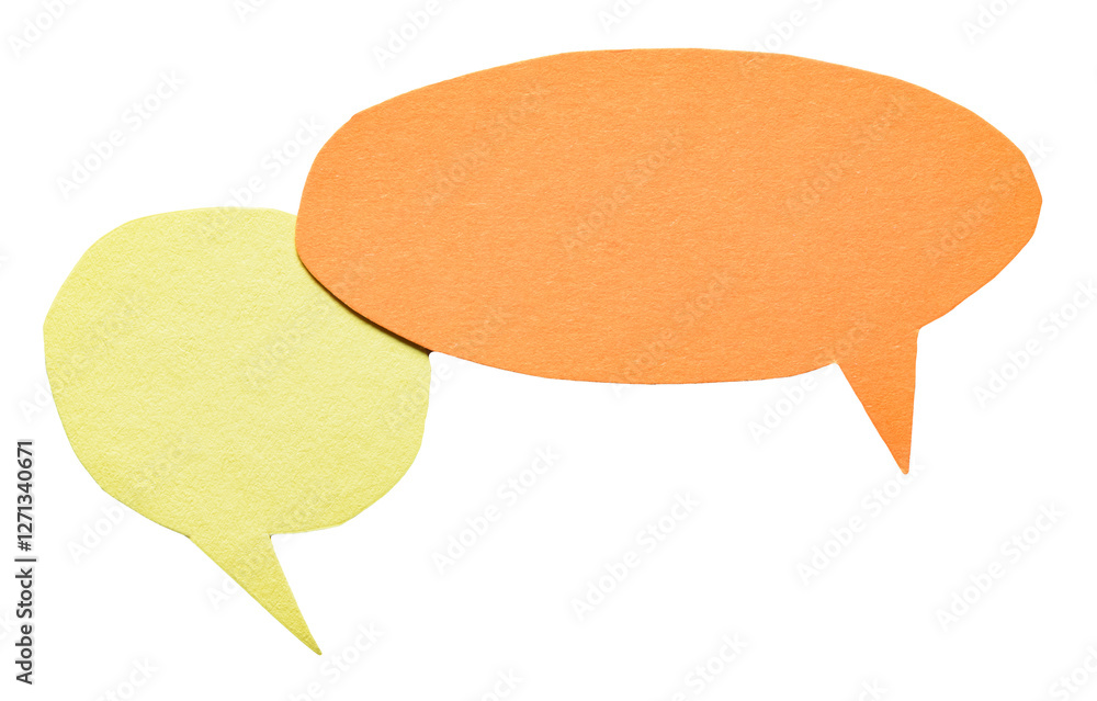 Aufkleber yellow orange blank cut out cardboard paper speech bubbles with rough edges and copy space for text 