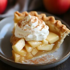 A slice of apple pie on a plate, with a dollop of whipped cream on top and a hint of cinnamon.