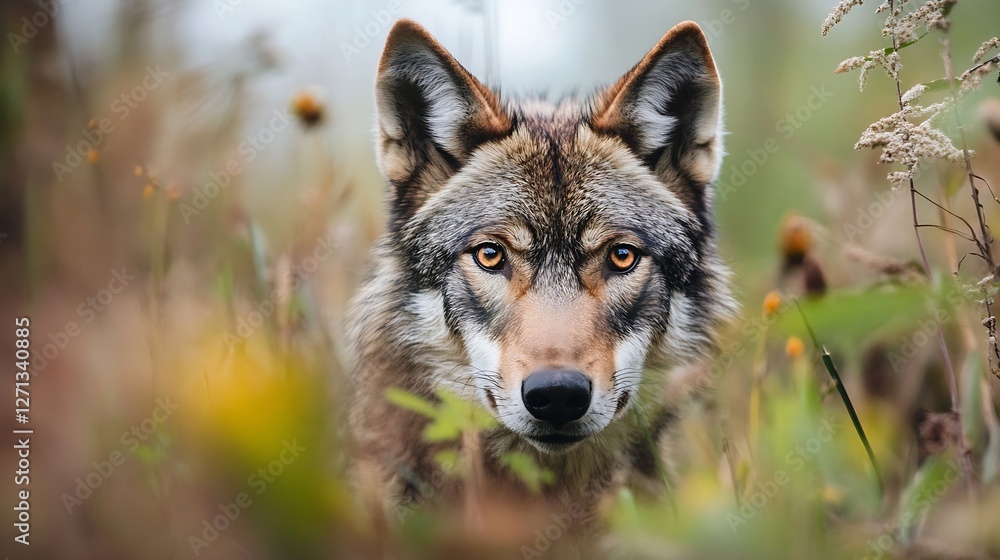 Poster regal wolf in natural habitat captured with a focus on piercing gaze and striking features in a wild