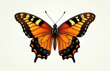 Obraz premium Vintage style orange butterfly illustration with open wings. Detailed drawing with many colours on transparent background. Macro closeup of insect with black and blue spots on wings.