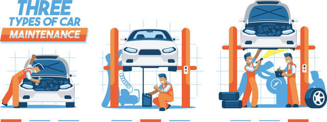 Maintenance of cars at the service station that are on elevators and three different stages of repair. Mechanics with tools do basic maintenance and professional service of cars in garage.