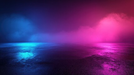 Abstract empty background with dark asphalt and neon purple, blue and pink light spots for car presentation