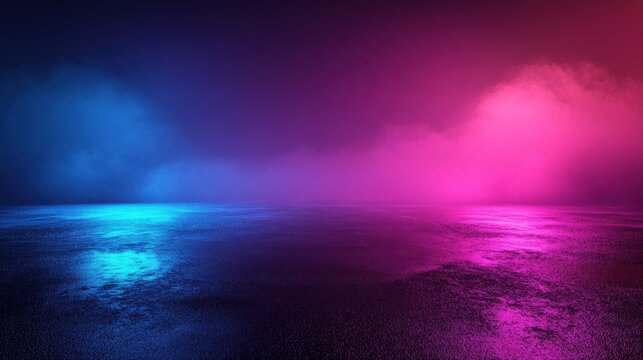 Abstract empty background with dark asphalt and neon purple, blue and pink light spots for car presentation