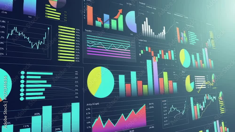 Aufkleber Colorful charts and graphs, showcasing various financial data points, undergo dynamic changes, indicating positive growth trends in a captivating slow motion sequence