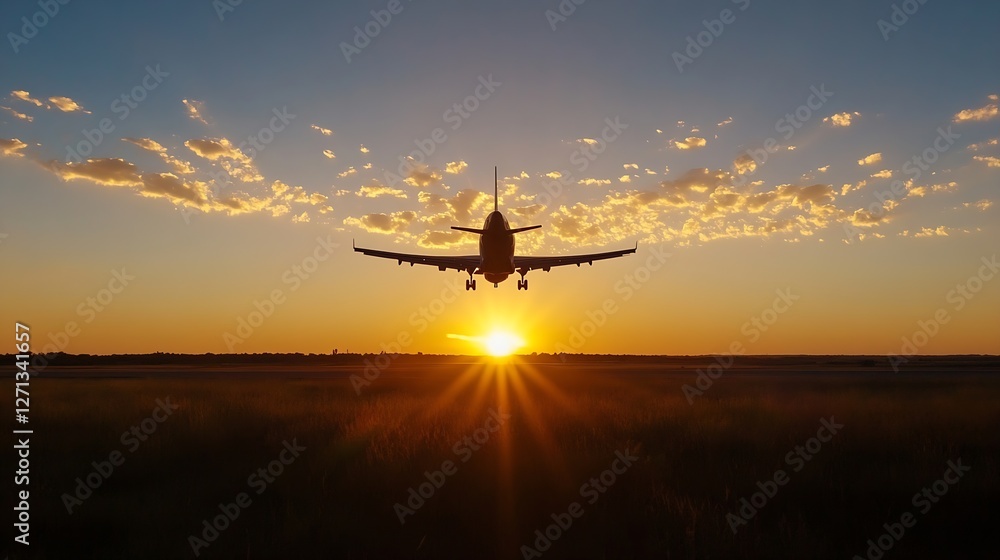 Poster airplane approaching landing with gorgeous sunset and colorful cloudy sky background : generative ai